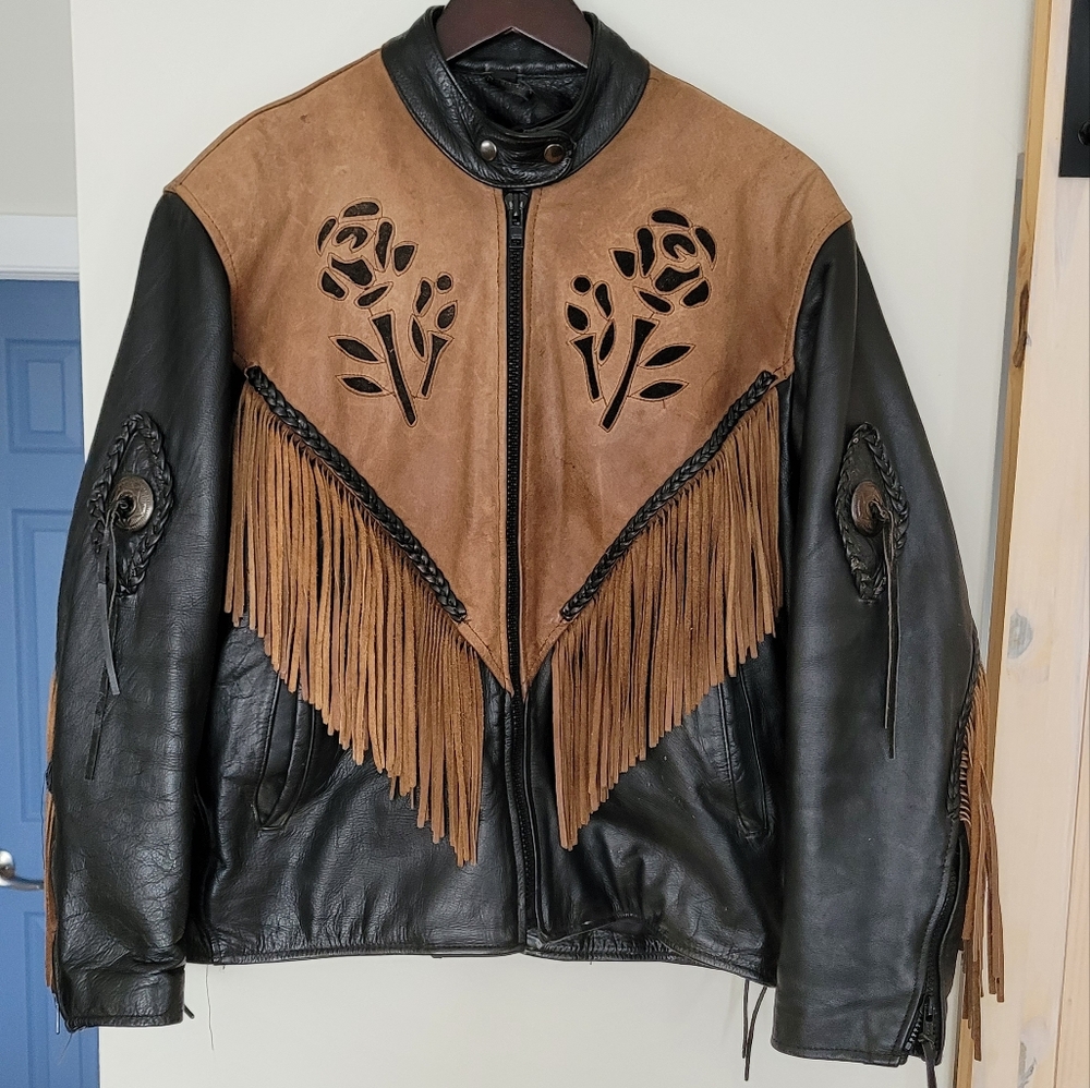 Black and Tan Leather Fringe 1990S 'Screamin' Eagle' Jacket